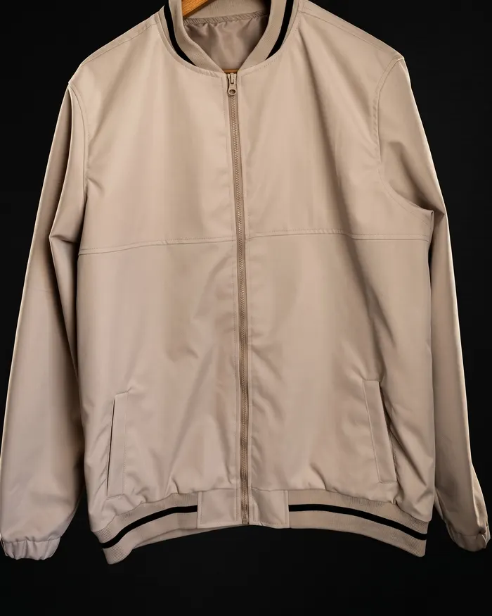 Chaqueta beige con cuello y pretina tejidos a rayas oscuras