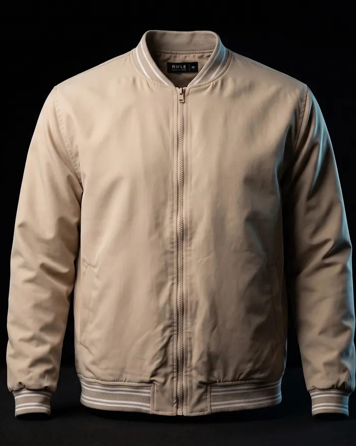 Chaqueta beige con cuello, puños y pretina a rayas claras