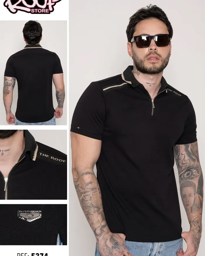Polo negra de The Roof con detalles claros en el cuello y las mangas